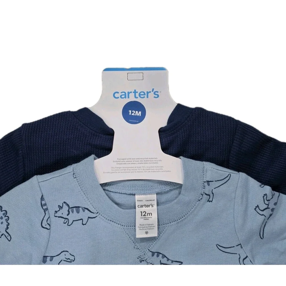 Carter's Baby Boy 2-pack Cotton Snap Jumpsuits Footies Blue Dinosaur Print 12M